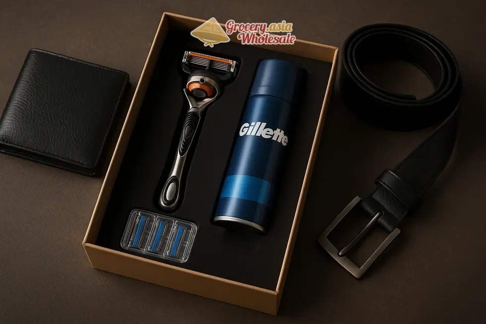 Various Gillette gift sets including razors, shaving foam, and wallets, displayed on a sleek boardroom table for corporate gifting.