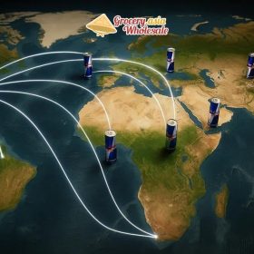 Illustration of Red Bull's global distribution showcasing interconnected trade routes worldwide.