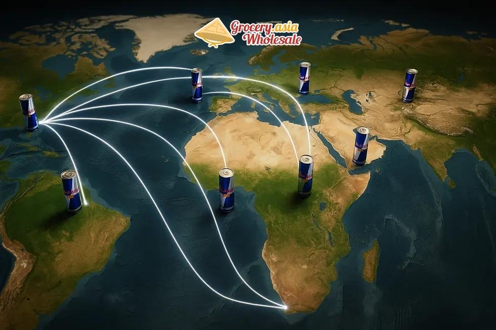 Illustration of Red Bull's global distribution showcasing interconnected trade routes worldwide.