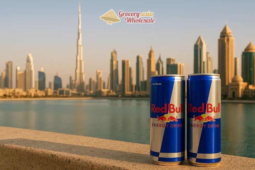 Red Bull cans in front of a modern Middle Eastern skyline, symbolizing market integration and growth.