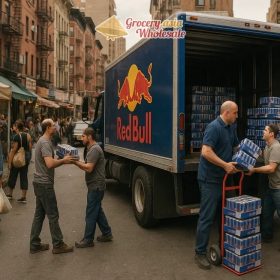 Red Bull truck delivering cases in a city market scene.