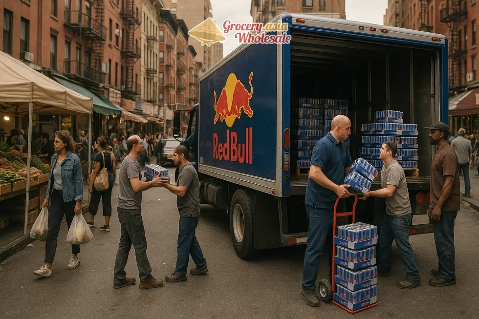 Red Bull truck delivering cases in a city market scene.
