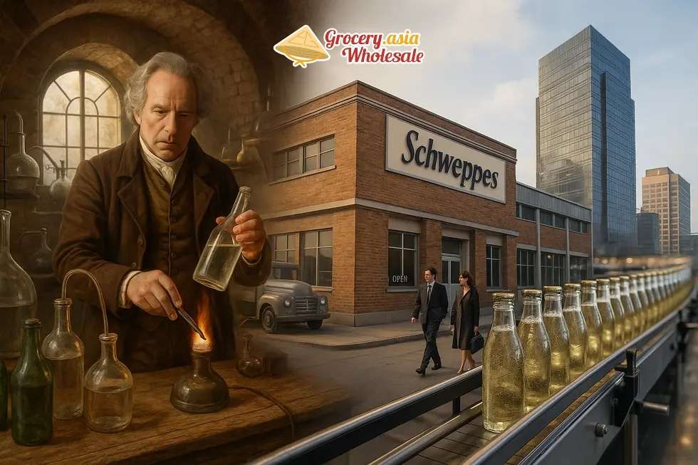 A collage showing Schweppes’ evolution from the 18th-century lab to modern global presence.