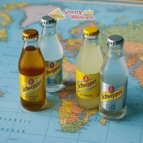 Image of Schweppes products shown on a world map, representing international export strategies.