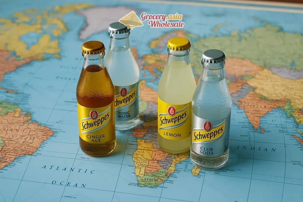 Image of Schweppes products shown on a world map, representing international export strategies.