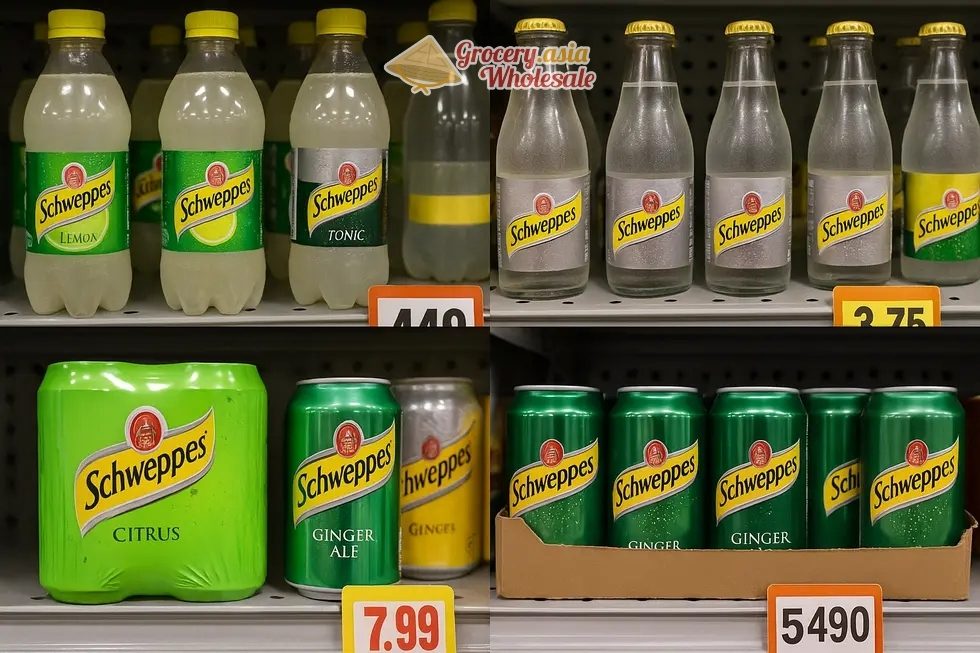 A collage of different Schweppes products with varied flavors and packaging, illustrating pricing differences across regions.