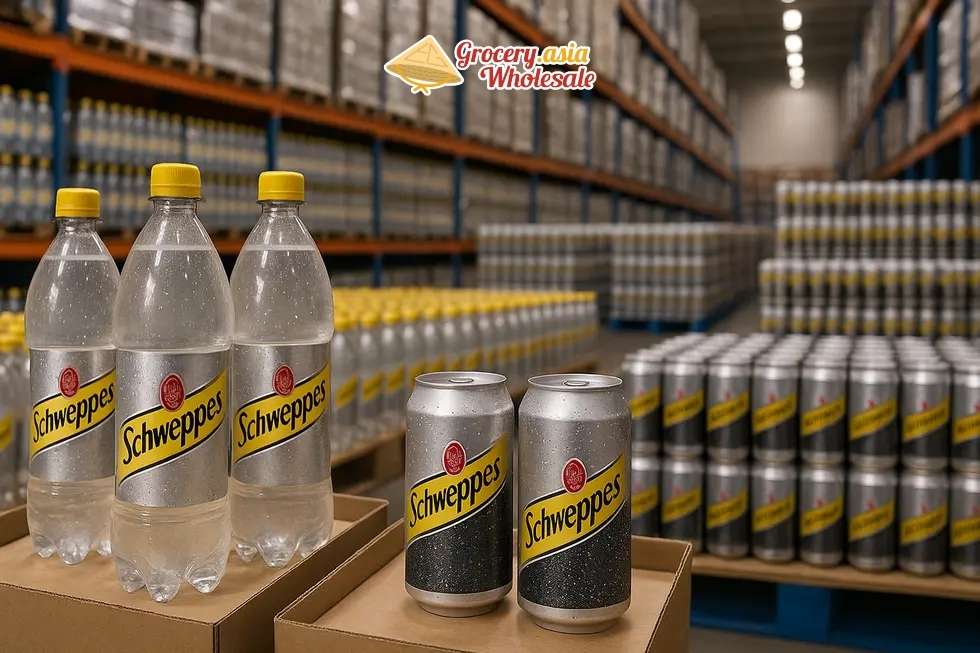Schweppes soda water bottles and cans in a wholesale environment.