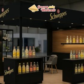 Montage of Schweppes' trade strategies: advocacy, celebrity endorsements, and global market interactions.