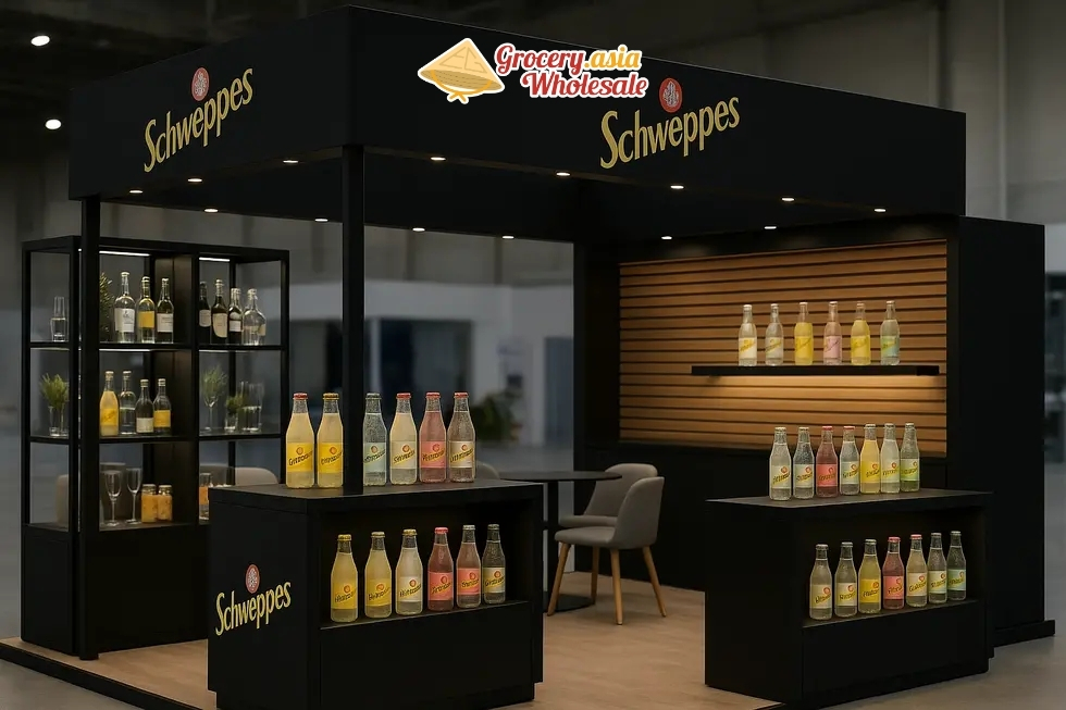 Montage of Schweppes' trade strategies: advocacy, celebrity endorsements, and global market interactions.