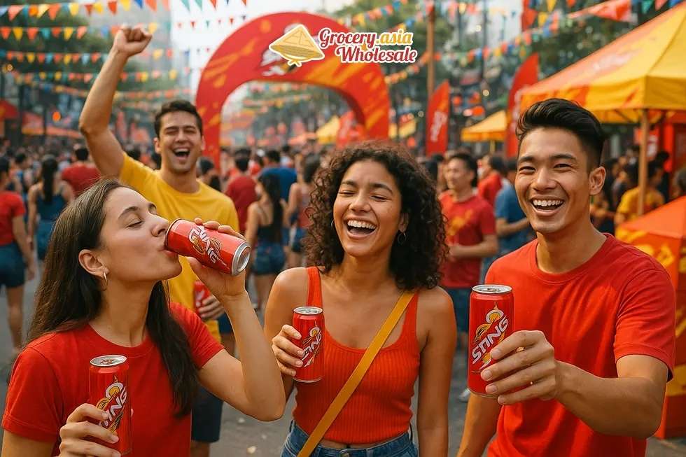 A festive scene in which young people enjoy Sting energy drinks amid vibrant branding.