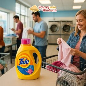 Busy laundromat with Tide Plus A Touch of Downy product prominently displayed.