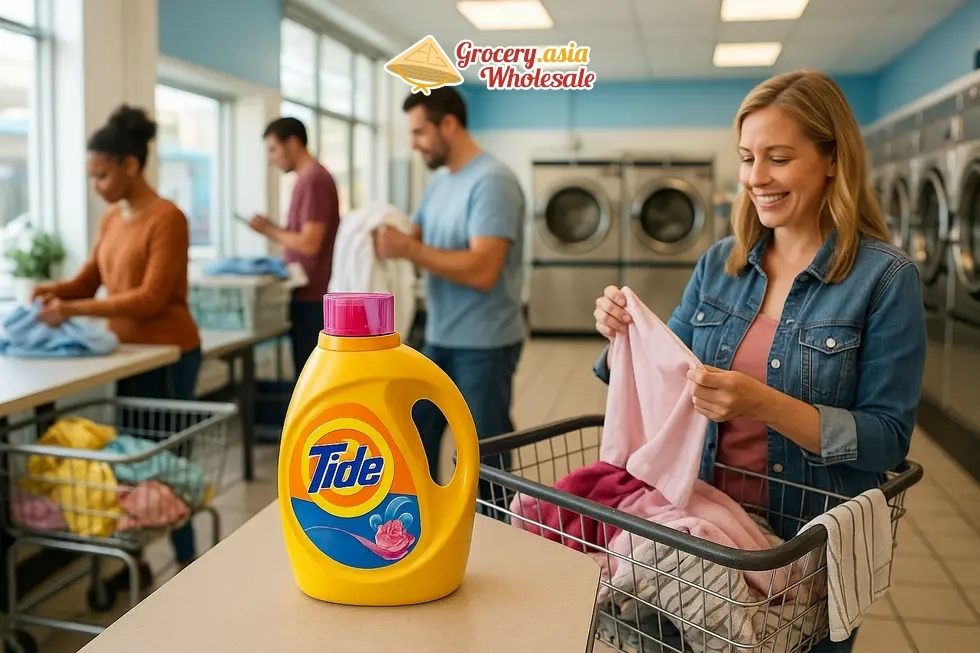 Busy laundromat with Tide Plus A Touch of Downy product prominently displayed.