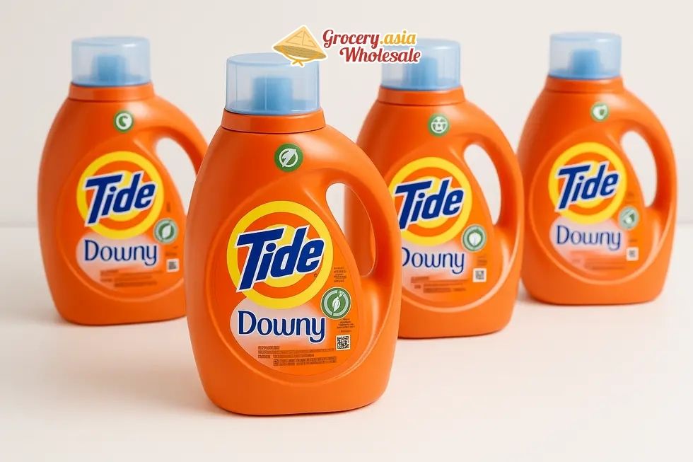 Packages of Tide with Downy detergent featuring prominent eco-certification labels.