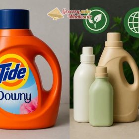 Tide with Downy versus eco-friendly detergent brands marked with certification symbols.