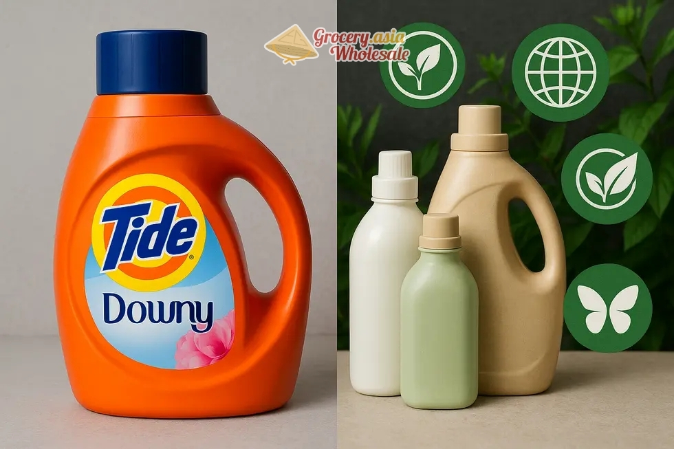 Tide with Downy versus eco-friendly detergent brands marked with certification symbols.