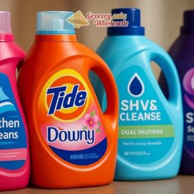 Detergent bottles from Tide with Downy and private label alternatives on display, highlighting claims like softness and cleaning efficiency.