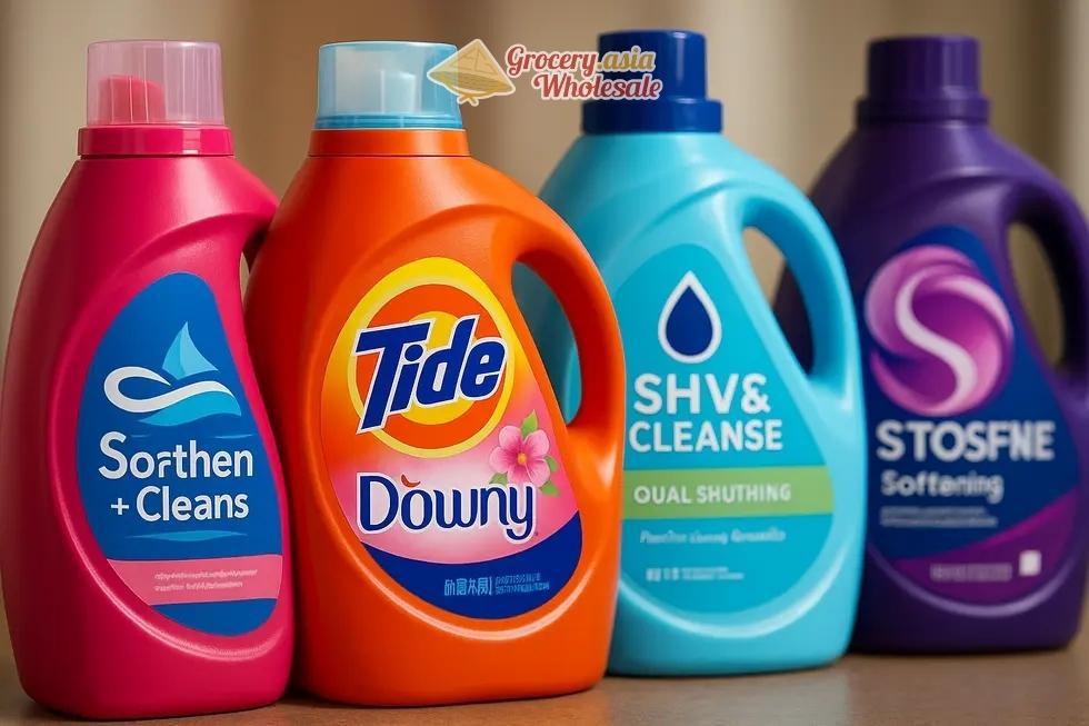 Detergent bottles from Tide with Downy and private label alternatives on display, highlighting claims like softness and cleaning efficiency.