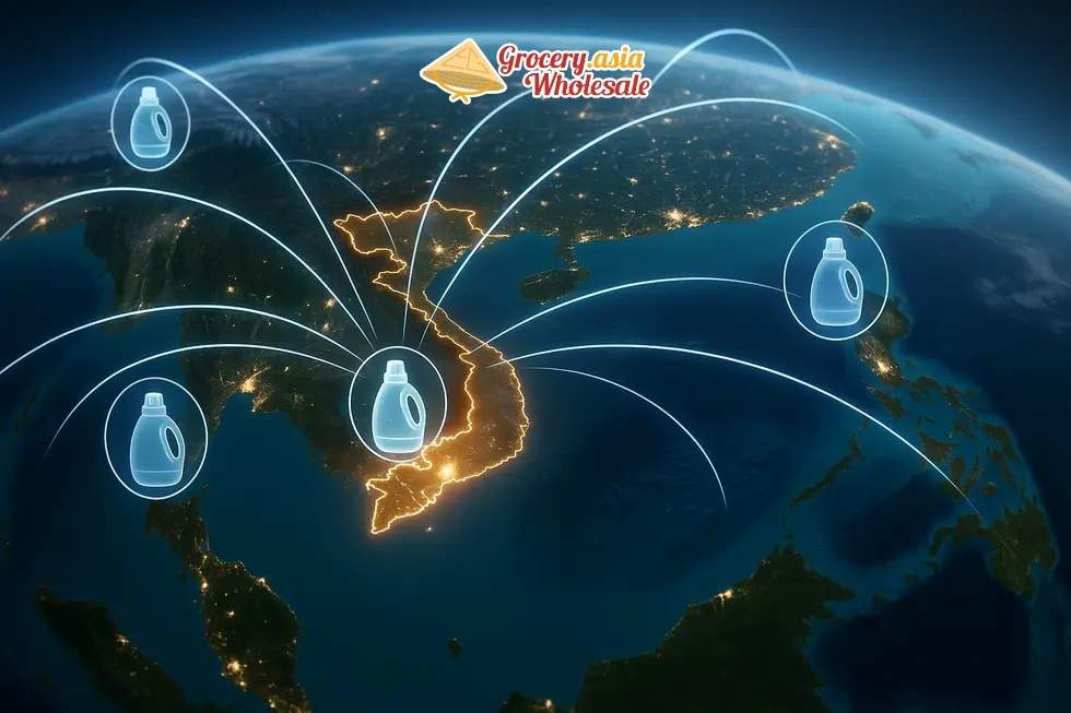 A global map showcasing Vietnam's detergent trade connections through international B2B networks.