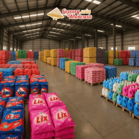 Panoramic view of a large Vietnamese detergent warehouse filled with a variety of products.