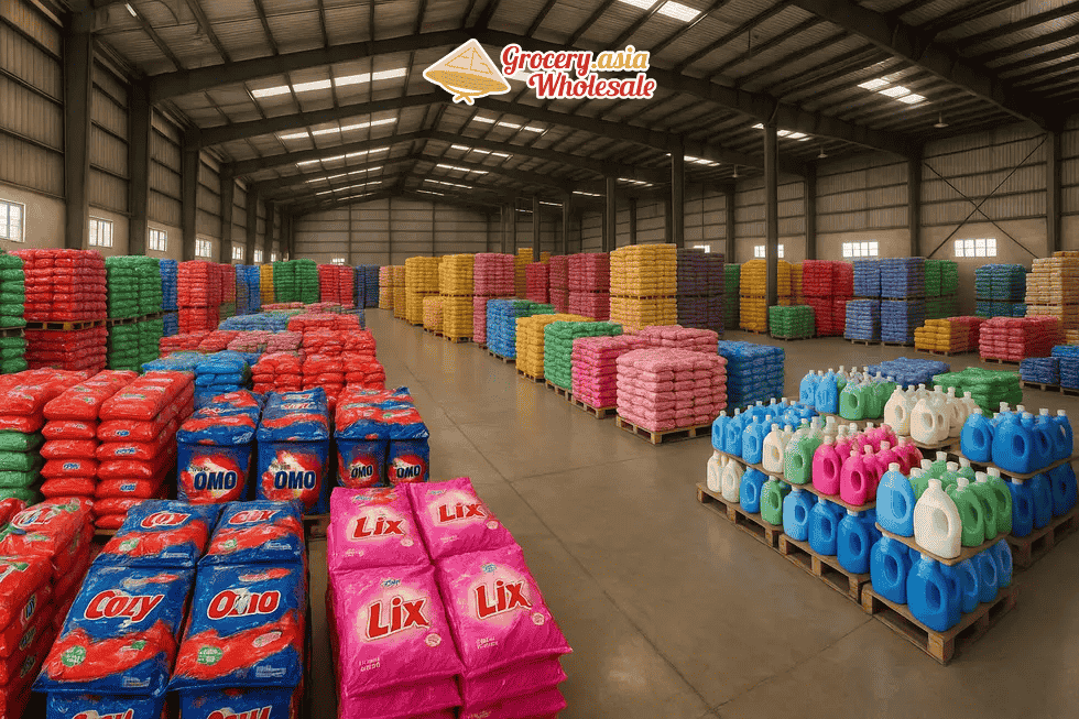 Panoramic view of a large Vietnamese detergent warehouse filled with a variety of products.