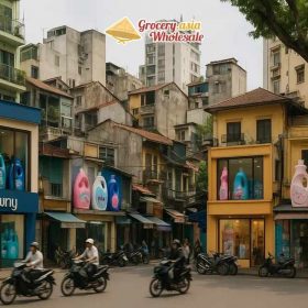 Cityscape with stores displaying Downy and local fabric care brands, highlighting market diversity.