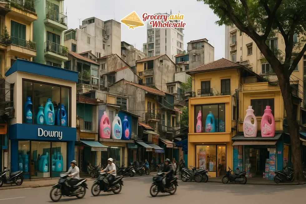 Cityscape with stores displaying Downy and local fabric care brands, highlighting market diversity.