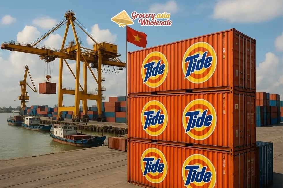 Vietnamese port with Tide containers, illustrating global shipping logistics.