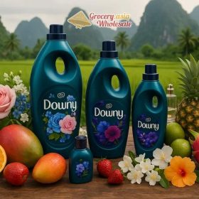Downy bottles with an array of fruits and flowers, representing Vietnamese Downy's fruity scent profile.