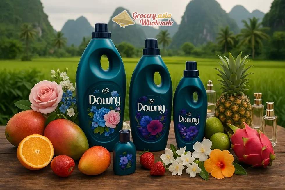 Downy bottles with an array of fruits and flowers, representing Vietnamese Downy's fruity scent profile.