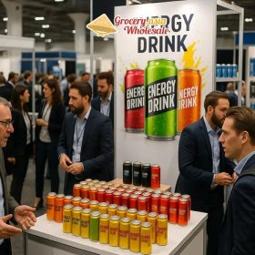 Trade show environment showcasing wholesale energy drink business activity.