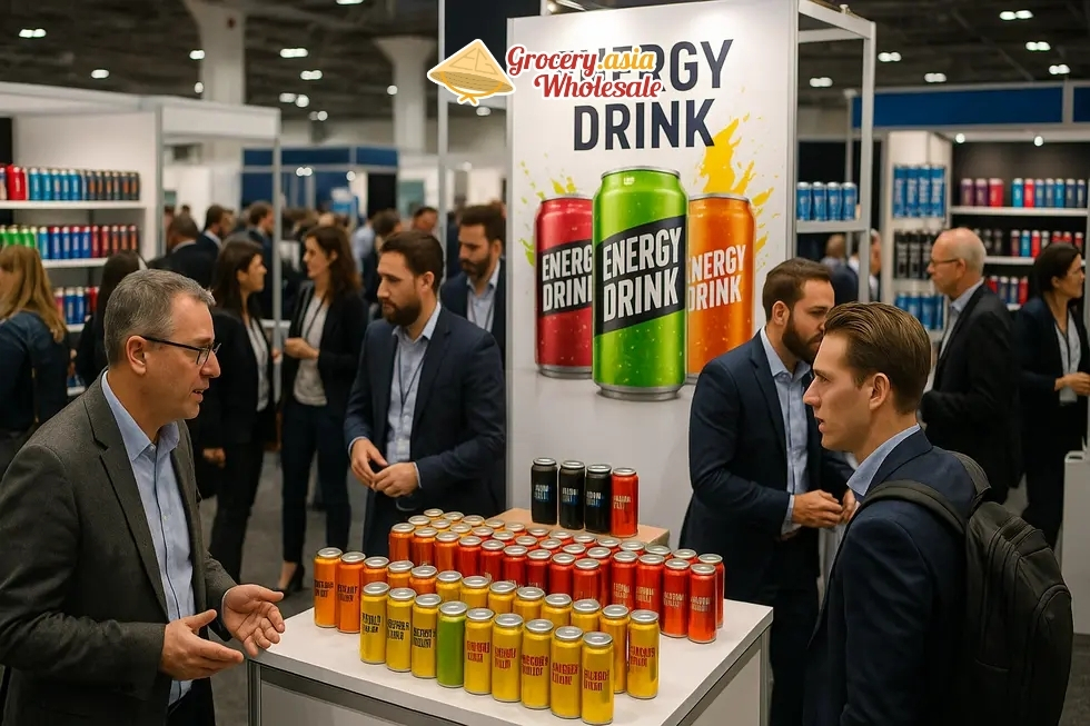 Trade show environment showcasing wholesale energy drink business activity.