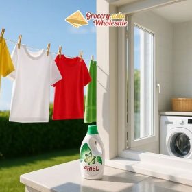 Ariel laundry detergent with clean clothes and an inviting, clean laundry room.