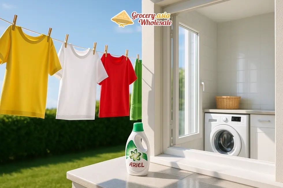Ariel laundry detergent with clean clothes and an inviting, clean laundry room.