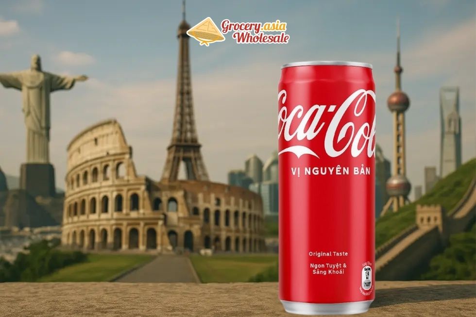 An image depicting Coca-Cola's worldwide impact with diverse cultural landmarks and branding.