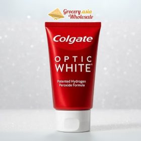 Colgate Optic White toothpaste tube focusing on its patented hydrogen peroxide ingredient.