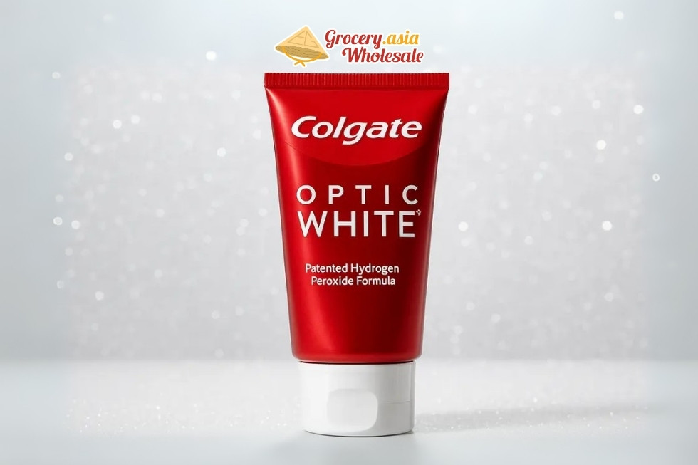 Colgate Optic White toothpaste tube focusing on its patented hydrogen peroxide ingredient.