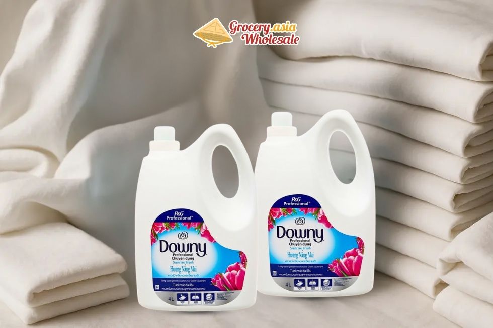 A vibrant display of Downy Fabric Conditioner bottles showing different variants.