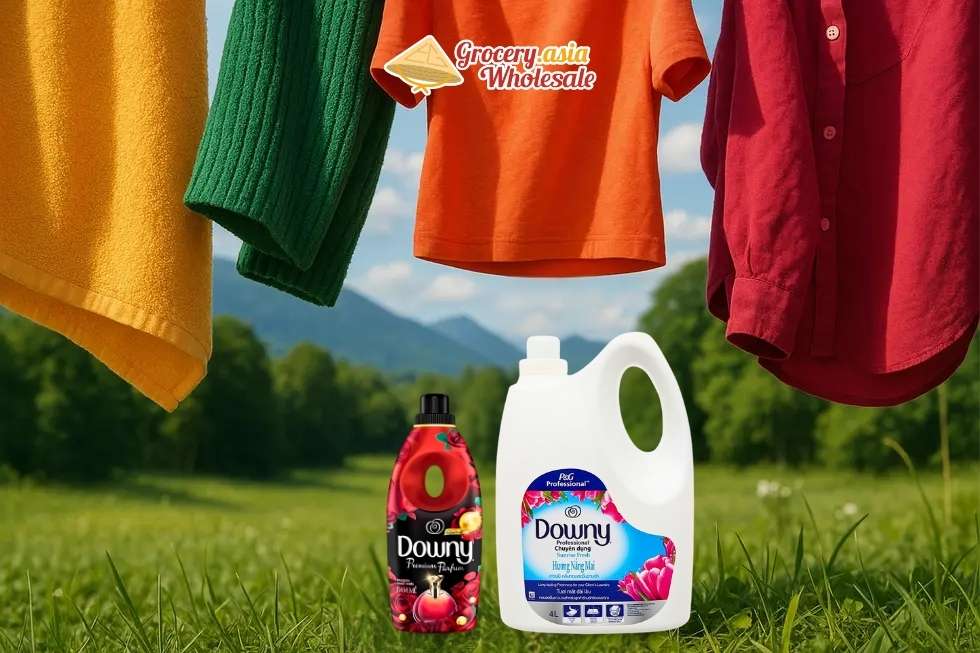 Downy products with vibrant fabrics in a natural setting, illustrating sustainability in fabric care.