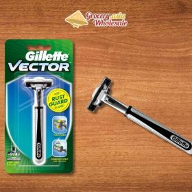 A vintage Gillette Trac II razor beside a contemporary multi-blade razor.