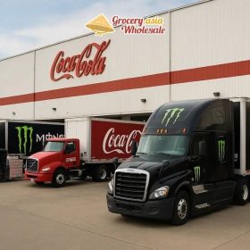 Monster Energy trucks at a Coca-Cola bottling plant.
