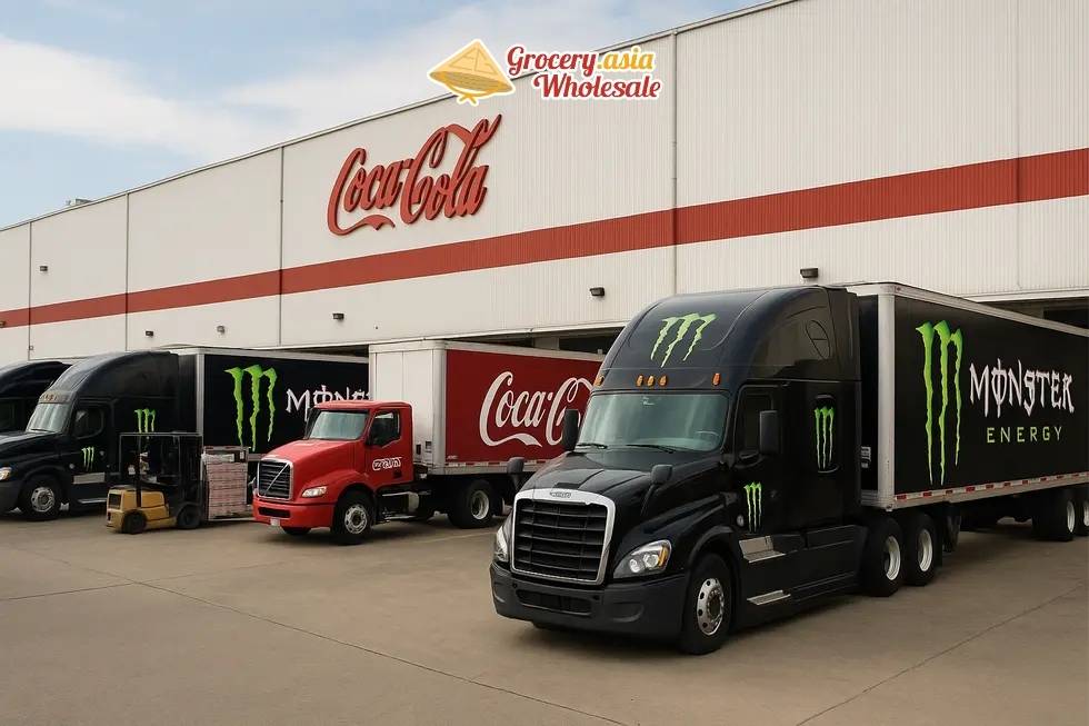 Monster Energy trucks at a Coca-Cola bottling plant.