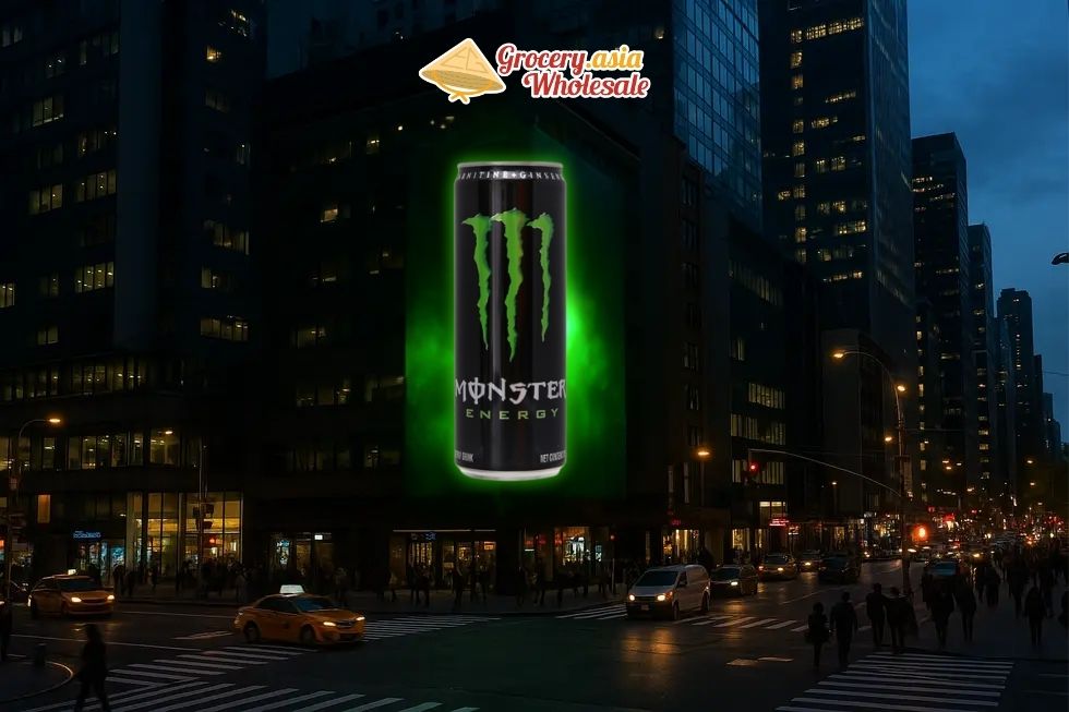 Billboard advertisement of Monster Energy in a bustling city environment.