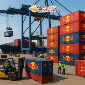 Cargo containers with Red Bull logos being loaded onto a ship at a bustling port.