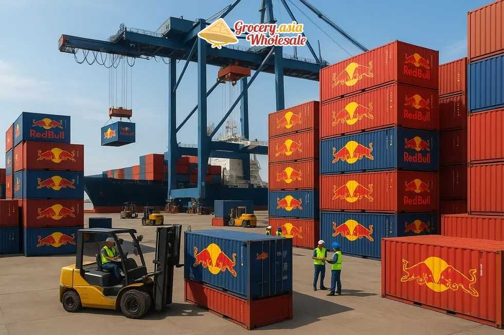 Cargo containers with Red Bull logos being loaded onto a ship at a bustling port.