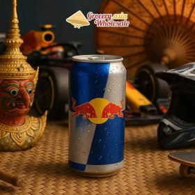 Red Bull can surrounded by symbols of Thai culture and global modernity.