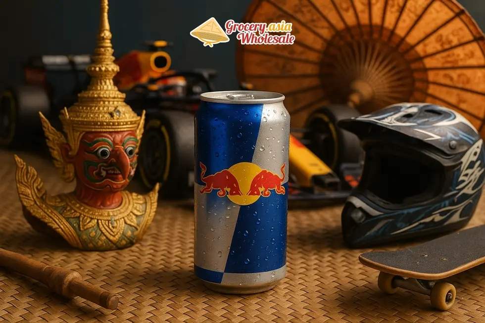 Red Bull can surrounded by symbols of Thai culture and global modernity.