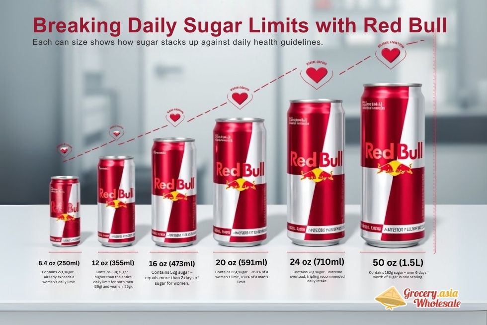 Comparison chart showing Red Bull sugar content by can size against daily recommended limits.