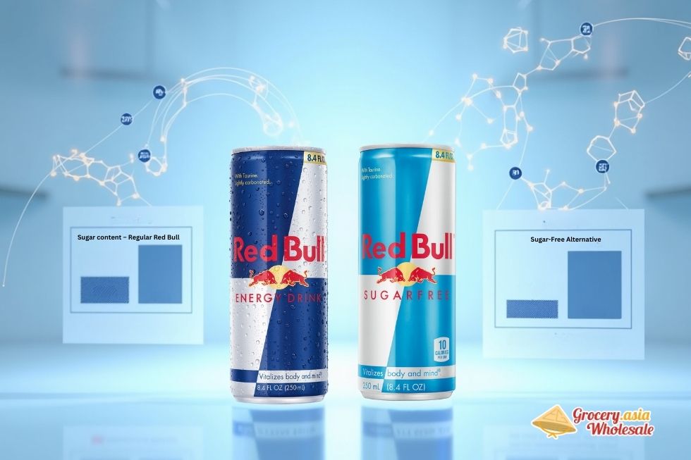 Two cans of Red Bull Sugarfree showing zero sugar compared to regular Red Bull with 27 grams of sugar, highlighting artificial sweetener composition.