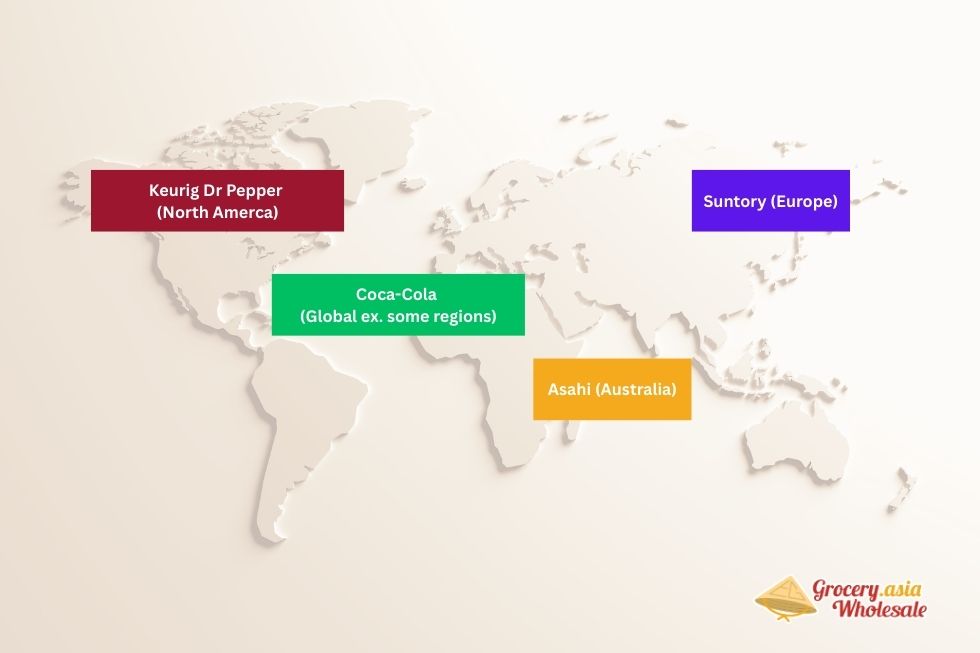Global ownership of Schweppes brand after the 2008 demerger, showing Keurig Dr Pepper in North America, Coca-Cola in global markets, Asahi in Australia, and Suntory in Europe.