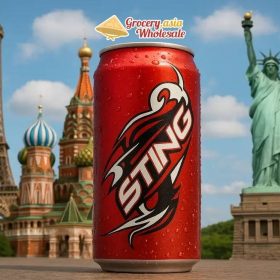A collage of Sting Energy Drink with global landmarks representing its worldwide impact.
